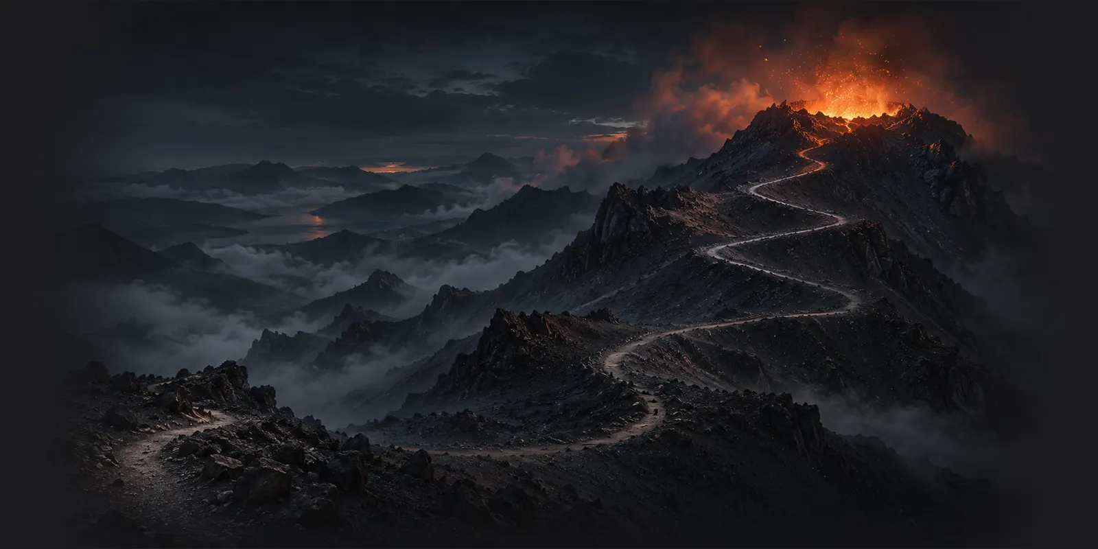 A trail winding up a volcano to a glowing summit